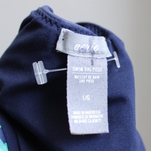 Aerie Navy Blue Green Palm Leaf Print Super Scoop Cheekiest One-Piece SZ Large - Picture 3 of 8